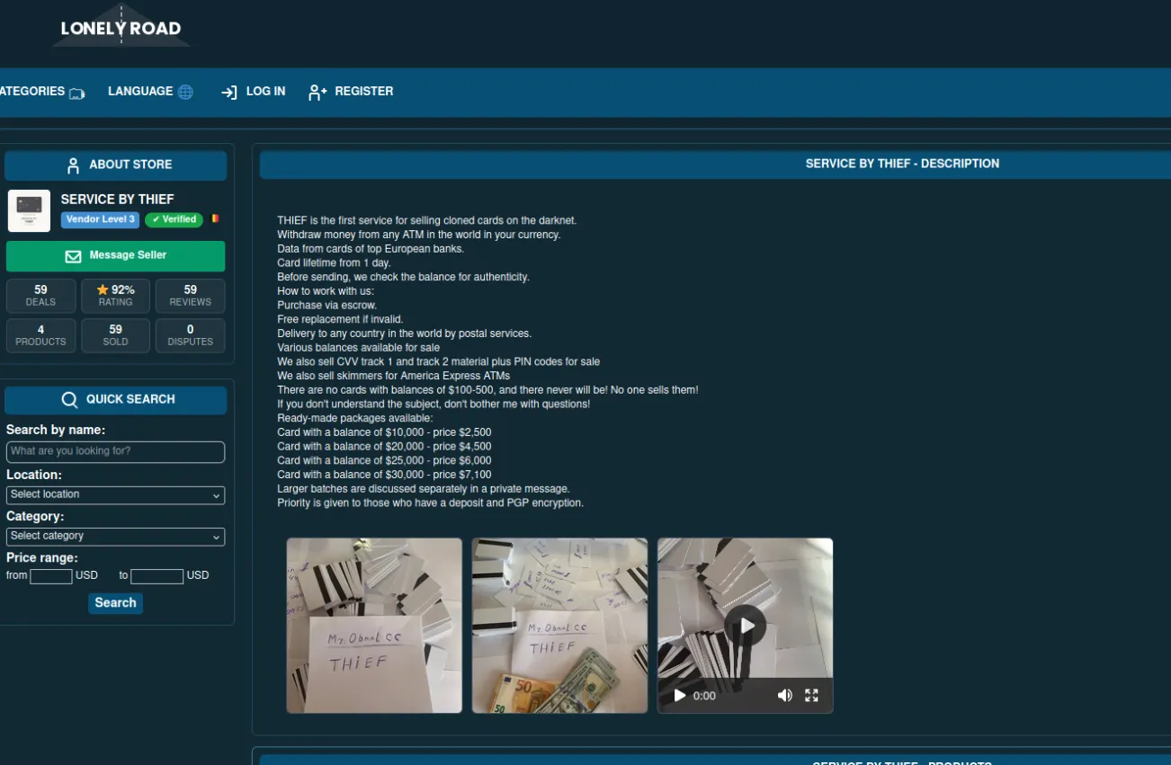 Darknet marketplace interface displaying cloned card listings